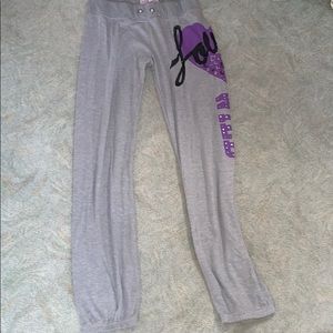“love” “wild” grey and purple sweatpants